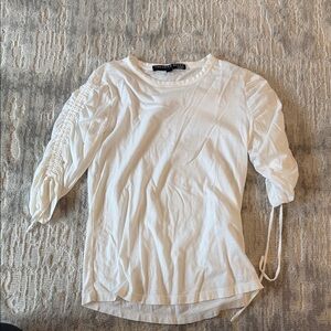Veronica Beard White Ruched Sleeve Crewneck Tee